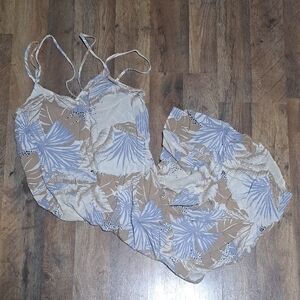 aerie Beige and Light Blue Printed Side Slip Dress Size Medium